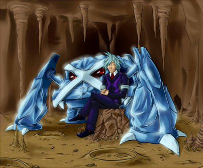 In this piece of fanart by Wildragon, Steven, his hair a little ruffled but his clothing immaculate as always, takes a break from rock-hunting in Meteor Falls with his strongest Pokémon, the steel behemoth Metagross, at his side.  If you like what you see, check out Wildragon's DeviantArt page, http://wildragon.deviantart.com/.
