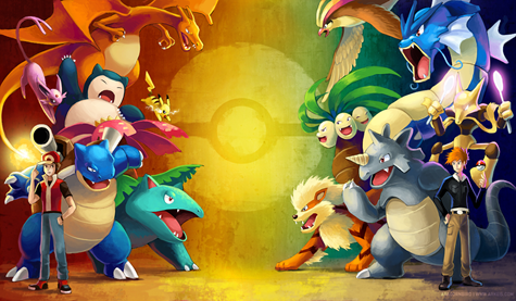 This lovely piece is by Aragornbird (more of whose work can be found at http://www.arkeis.com/) and portrays the epic showdown between Blue and Red (who reappears in Gold and Silver as a 'bonus boss' with the team shown here)