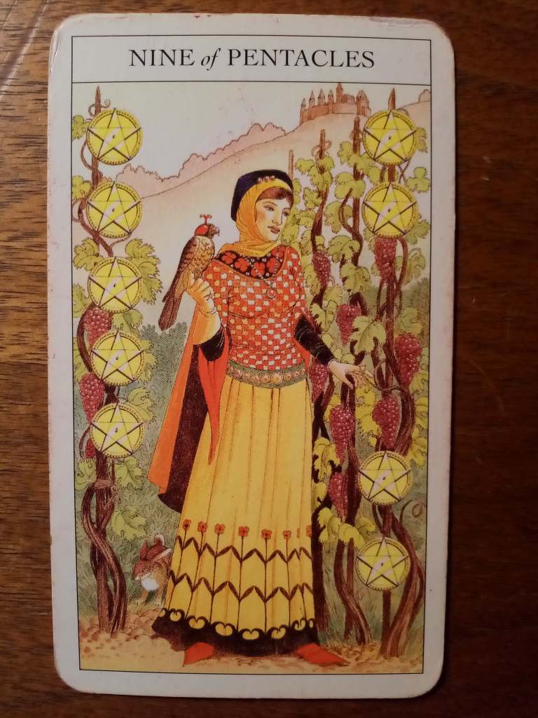 A tarot card, the Nine of Pentacles.