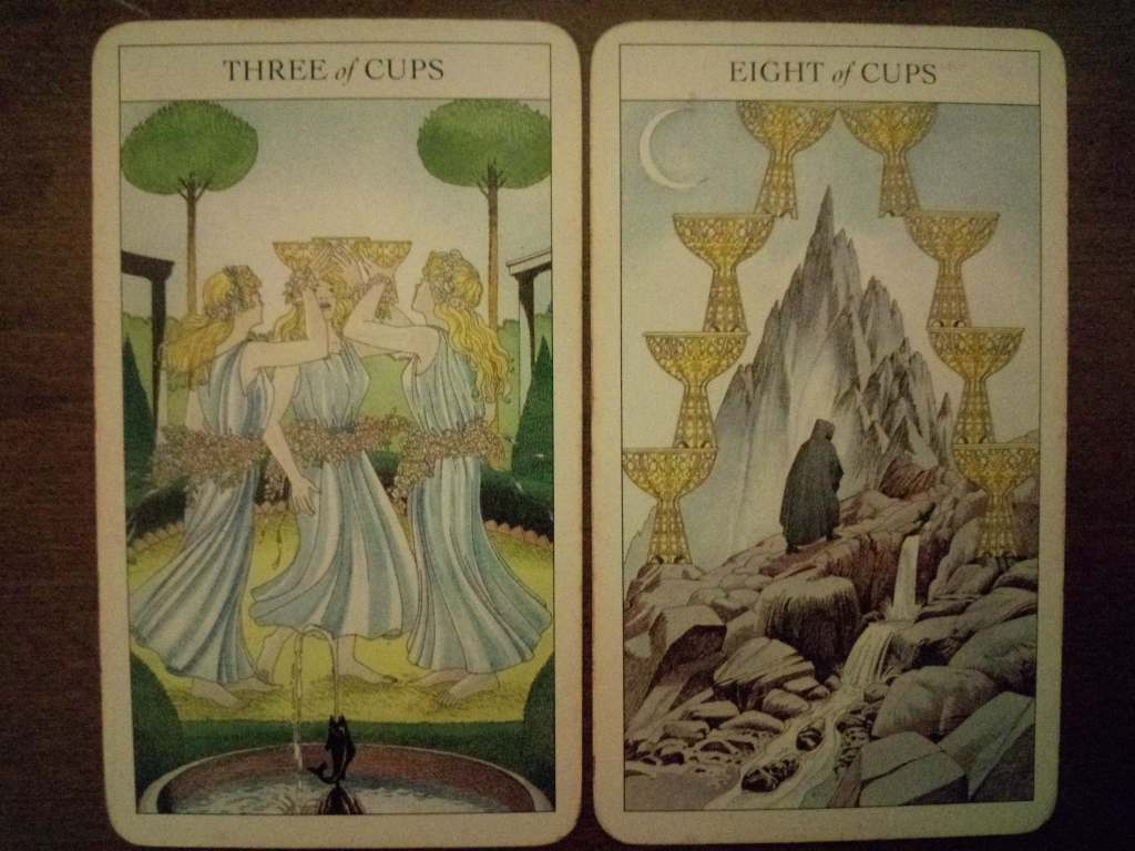 Two tarot cards: Three of Cups, Eight of Cups