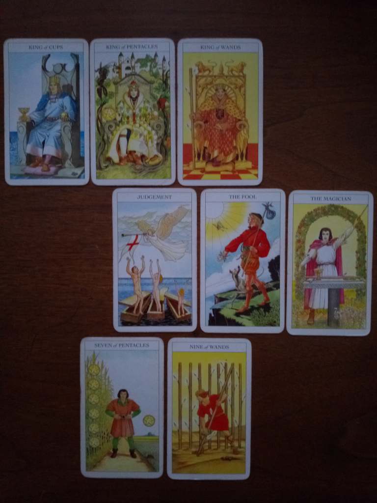 Tarot cards laid out on a table: King of Cups, King of Pentacles, King of Wands, Judgement, the Fool, the Magician, Seven of Pentacles, Nine of Wands.