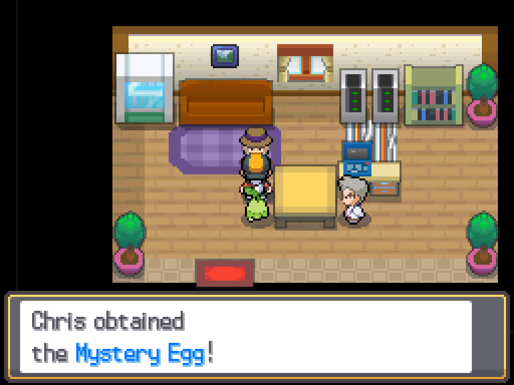 Mr. Pokémon's house.  Game text: Chris obtained the Mystery Egg!