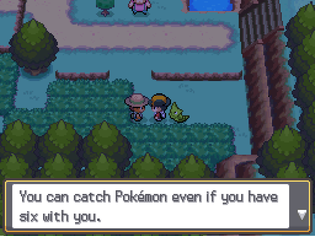 On route 31, off the path and near some grass and trees, talking to a kid in a straw hat.  Kid: You can catch Pokémon even if you have six with you.