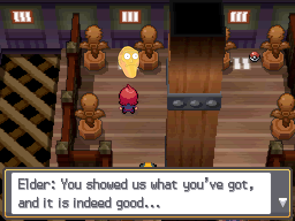 The top floor of the Sprout Tower.  Wooden floor, many Bellsprout statues, the central pillar visible.  The rival character is talking to the Elder.  The image is crudely edited to replace the Elder with the image of a Cromulon head from Rick & Morty.  Elder: You showed us what you've got, and it is indeed good...