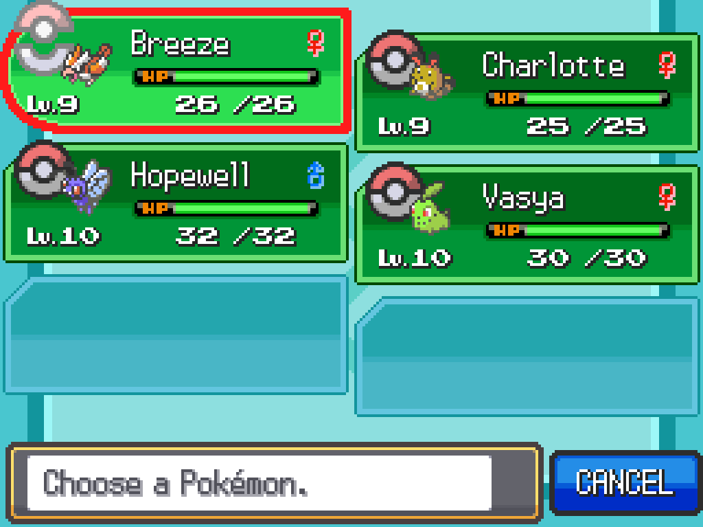 Party list: Breeze, Pidgey, female, level 9; Charlotte, Sentret, female, level 9; Hopewell, Butterfree, male, level 10; Vasya, Chikorita, female, level 10.  All are at full HP.