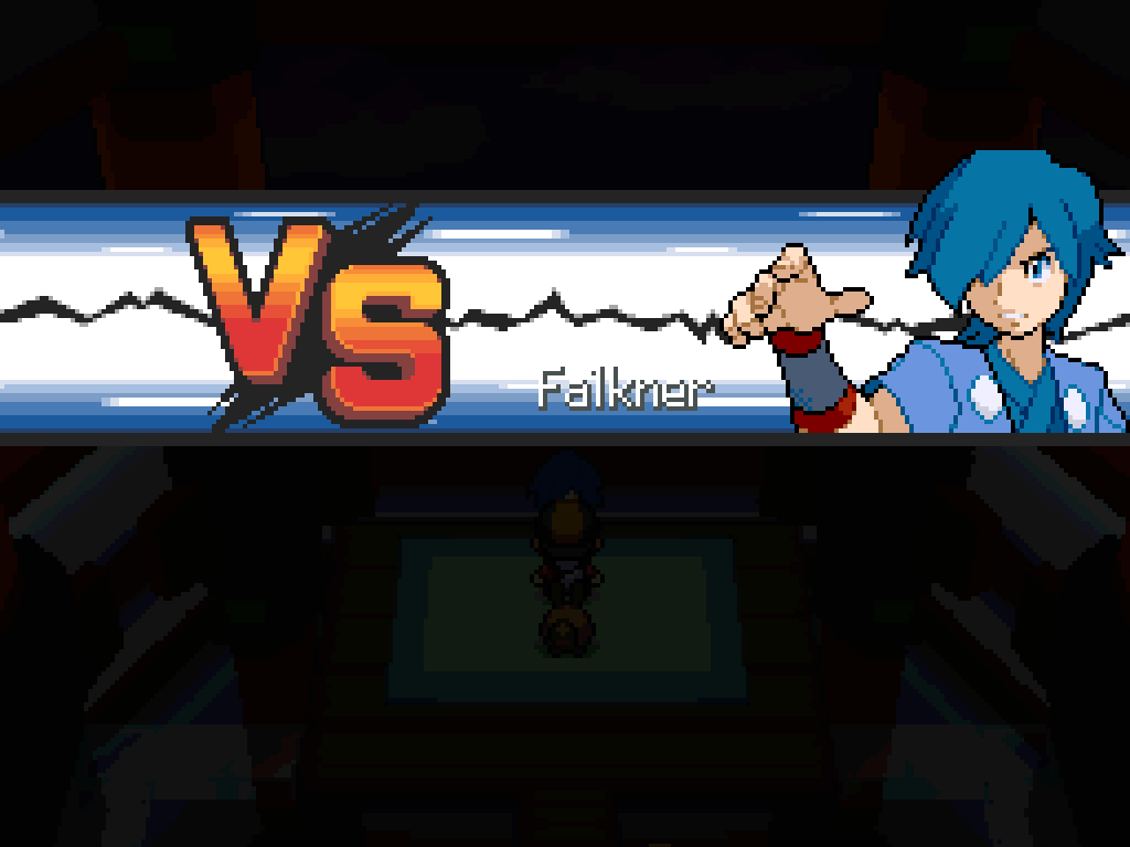 "VS" screen with close-up of Falkner: a young man with long blue hair, wearing a sky-blue kimono and a falconer's bracer.