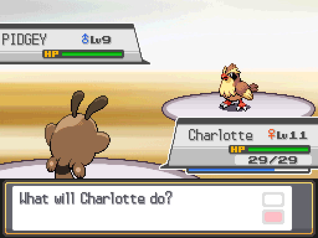 Battle screen: Charlotte, a level 11 Sentret, faces a level 9 Pidgey.
