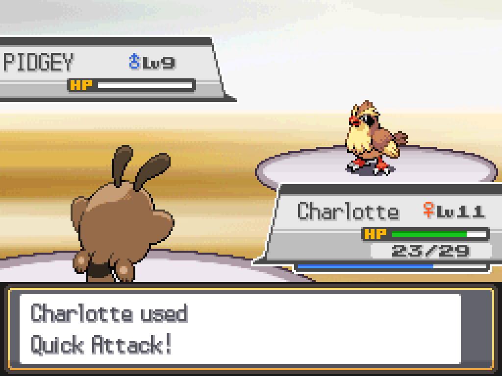 Battle screen: Charlotte used Quick Attack!  Pidgey is reduced to 0 HP.