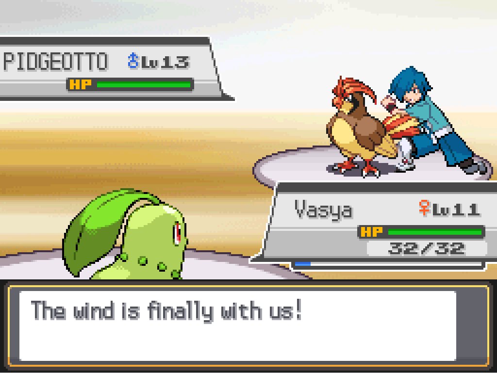 Battle screen: Vasya, a level 11 Chikorita, faces a level 13 Pidgeotto.  Falkner interjects: The wind is finally with us!