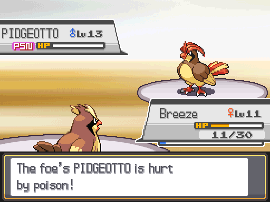 Battle screen: Poison damage reduces Pidgeotto to 0 HP.