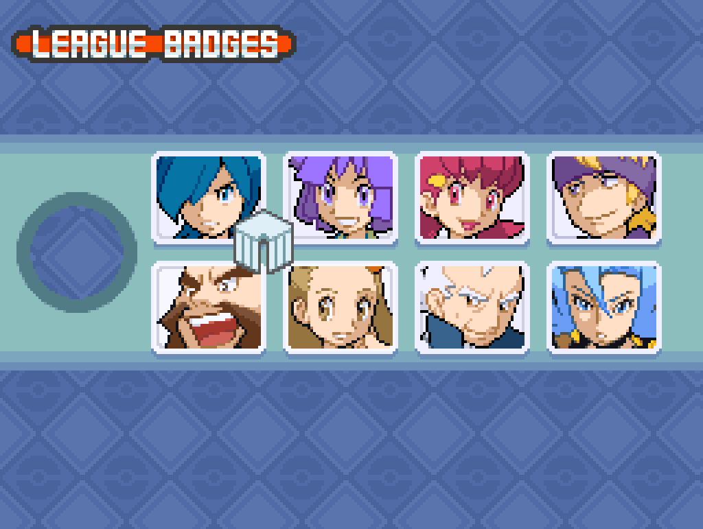 A badge case with portraits of the eight gym leaders.  The Zephyr Badge, a silvery hexagon cut with a stylised wing design, sits next to Falkner's face.