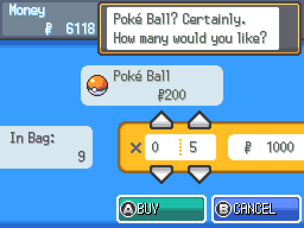 Buying 5 Pokéballs for 1000 Poké-Yen.