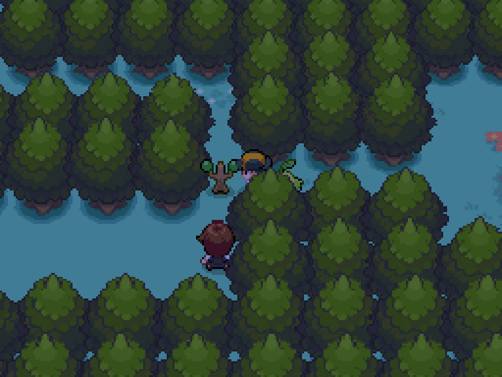 A crossroads in a dense forest is blocked by a suspicious, fake-looking tree.