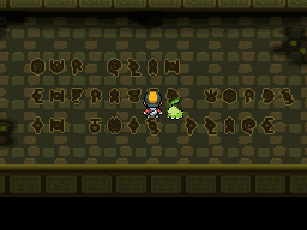 A new underground chamber.  Words on the floor in the Unown script.