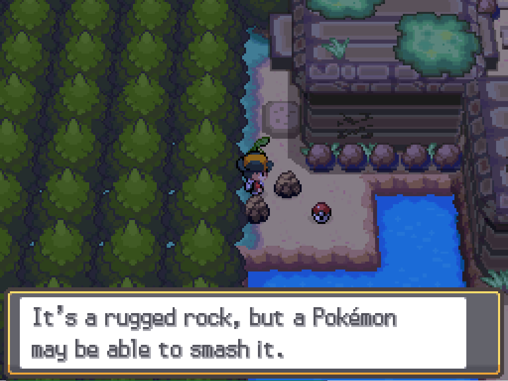 Outside in the ruins, near a natural pool of water.  Breakable rocks block the way to a dropped item.  Game text: It's a rugged rock, but a Pokémon may be able to smash it.