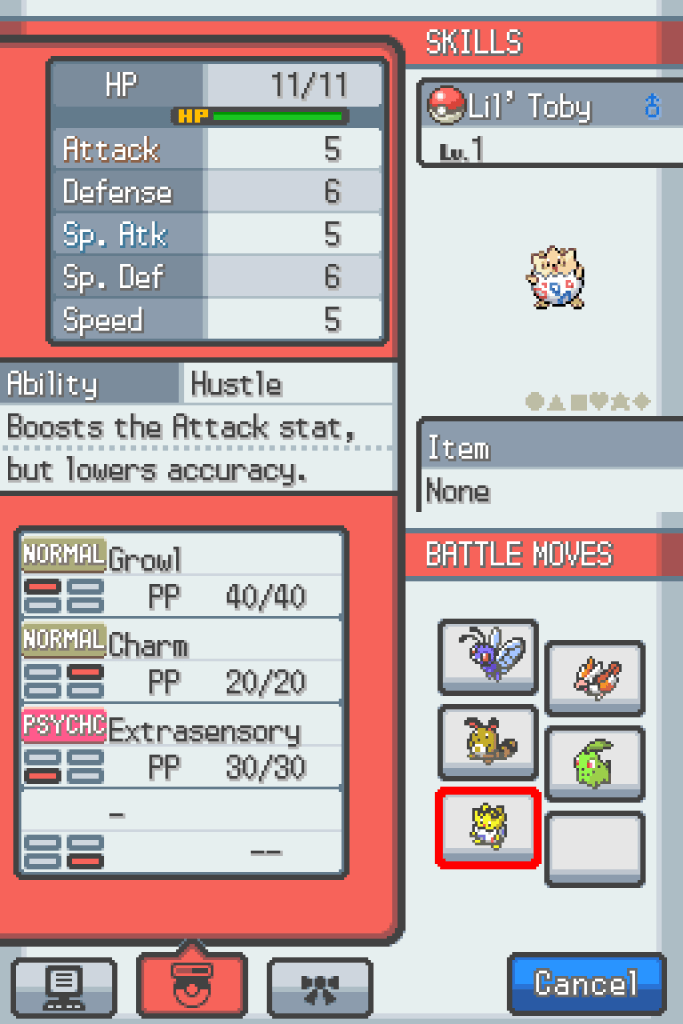 Page 2 of Lil' Toby's stat screen.  He knows Growl, Charm and Extrasensory, and has the ability Hustle.
