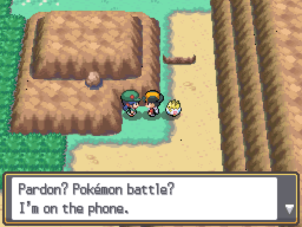 On route 32.  A dirt path, cliffs on either side.  Talking to a young girl: Pardon?  Pokémon battle?  I'm on the phone.
