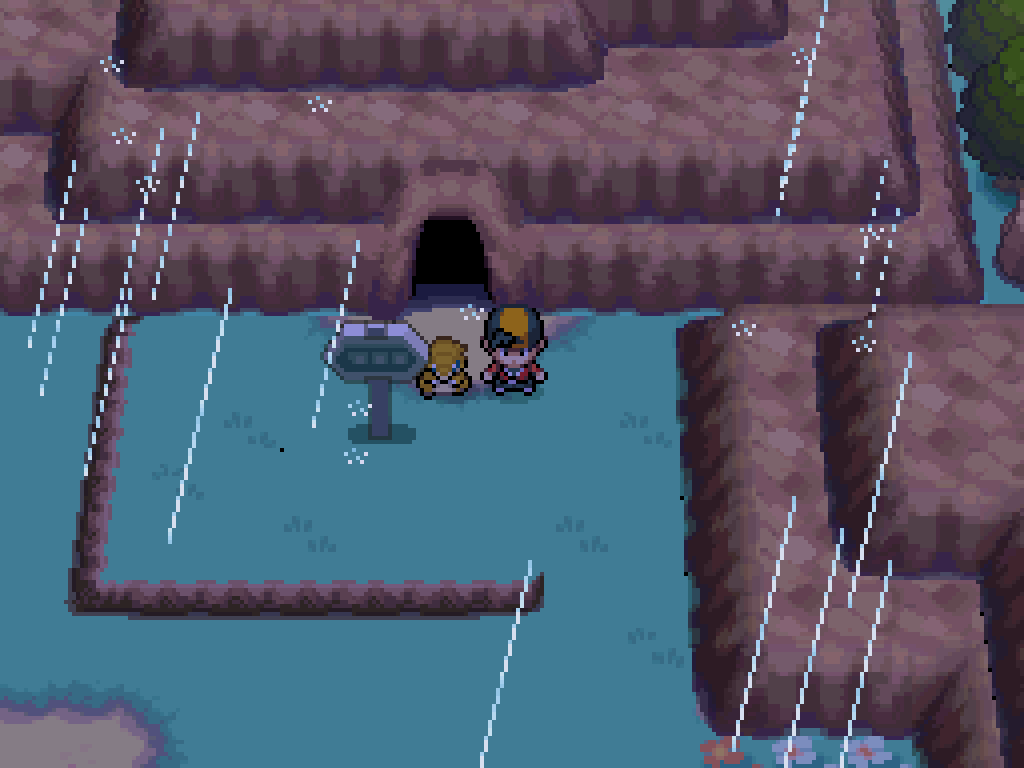 Stepping outside onto route 33.  Cliffs, grass, ledges, a signpost, soome flowers further down the slope.  It is raining.