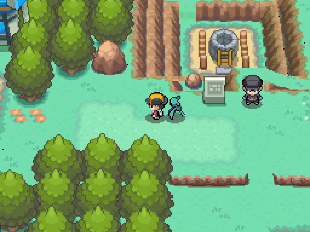 Entering Azalea Town.  Many trees, rocks and boulders, a circular stone well, a PokéMart visible to the left.