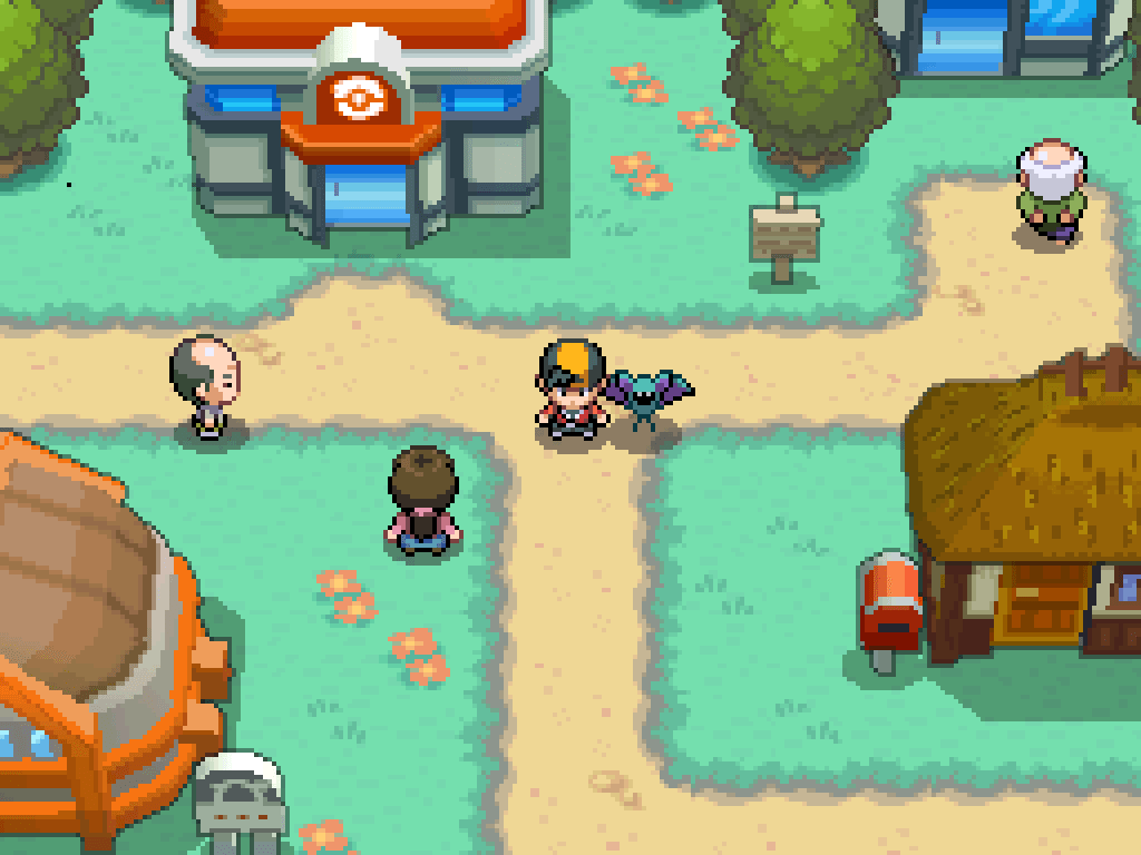 Standing in front of the Pokémon Centre in Azalea Town.  Dirt paths, flowers, trees, a house with a thatched roof, a PokéMart, a Pokémon Gym.