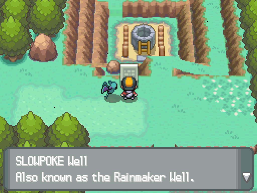 Standing over the Slowpoke Well.  A sign reads: Slowpoke Well: Also known as the Rainmaker Well.