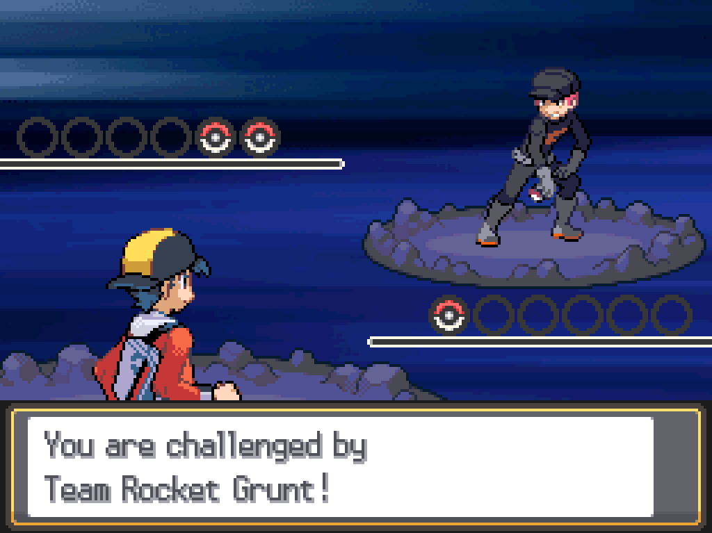 You are challenged by Team Rocket Grunt!  TR Grunts wear black trousers, black shirts with a red R insignia, high grey boots, grey gloves and black flat caps.