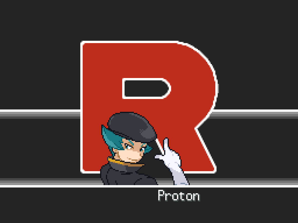 "Vs." screen with a big red R and a close-up of Proton, a sly-looking young man with teal hair, wearing long white gloves and a black flat cap.