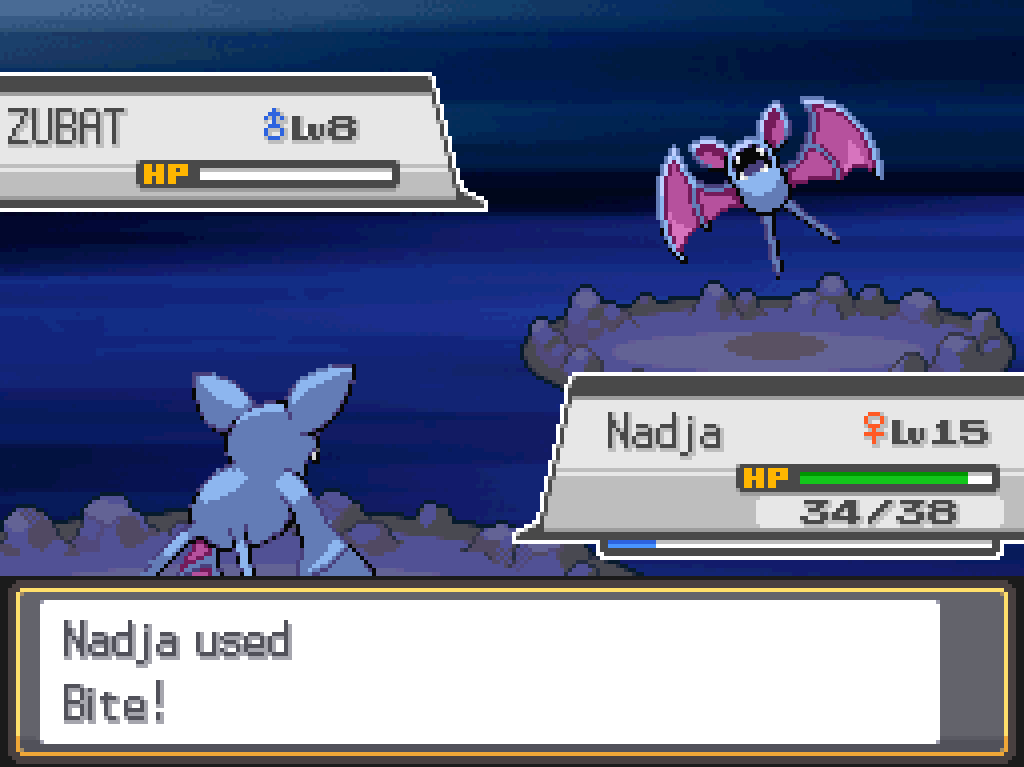 Nadja, now level 15, defeats a level 8 Zubat using Bite.