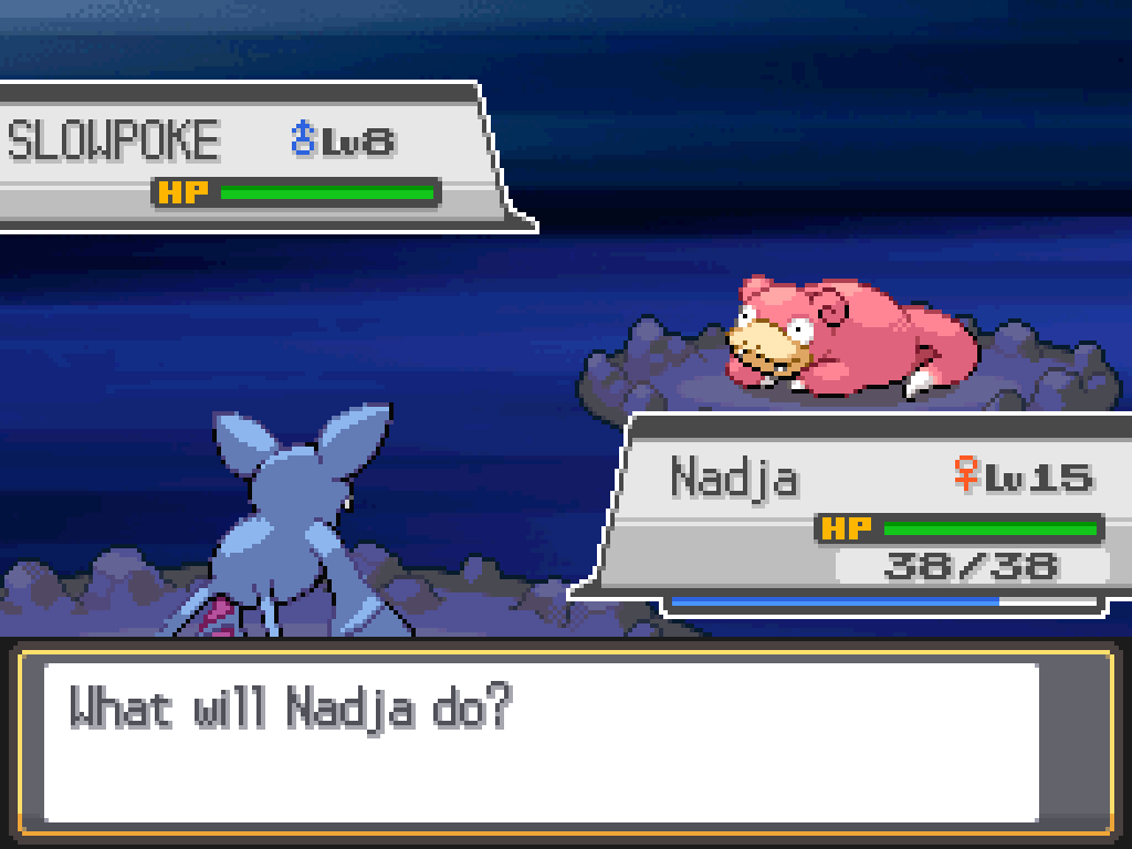 Battle screen: Nadja faces a level 8 male Slowpoke.
