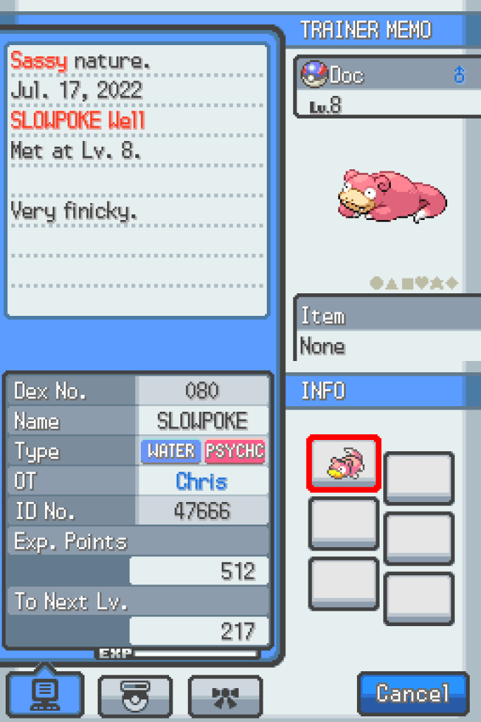 Doc's stats page.  He is level 8, male and has a sassy nature.