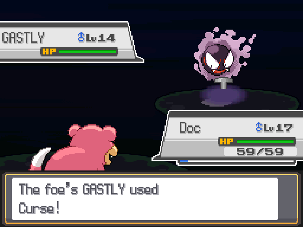 Battle screen: Doc, a level 17 Slowpoke, faces a level 14 male Gastly.  The Gastly uses Curse.