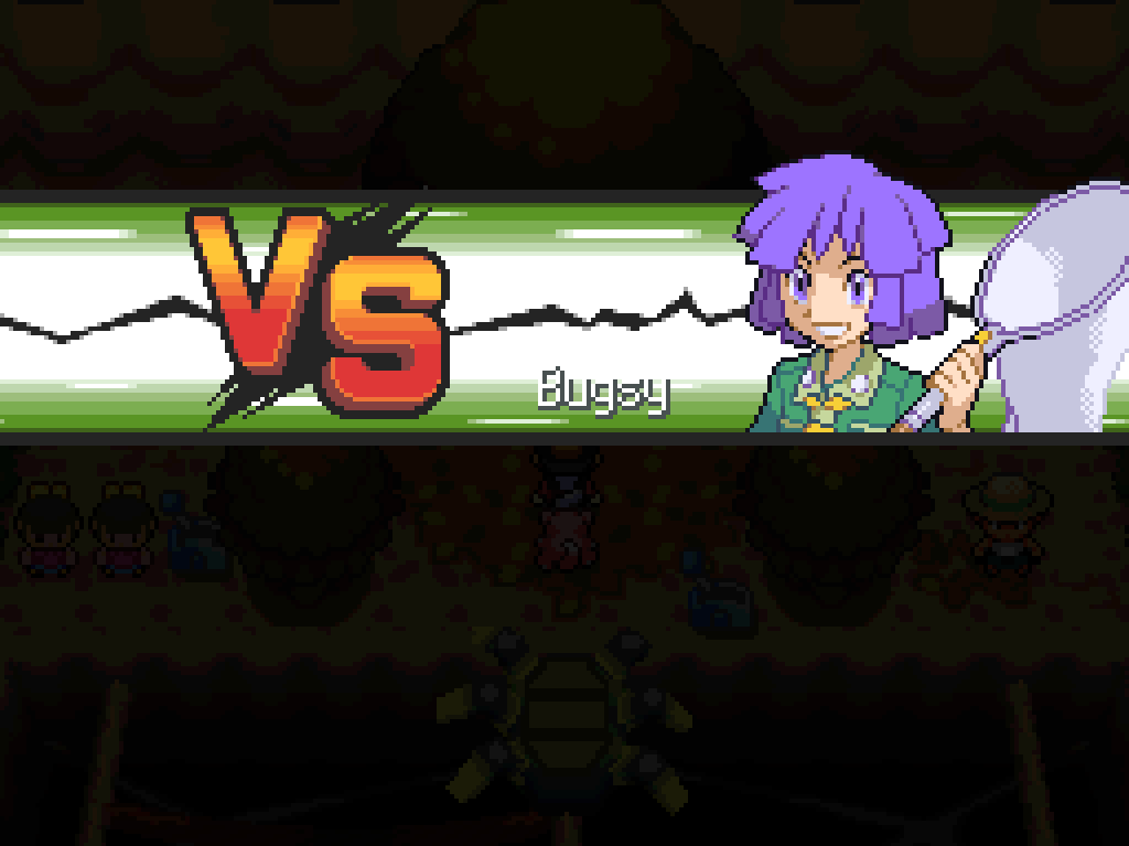 "Vs." screen with a close-up of Bugsy, an androgynous young boy with long, dense purple hair.  He wears a green short-sleeved shirt with a yellow neckerchief and carries a butterfly net.