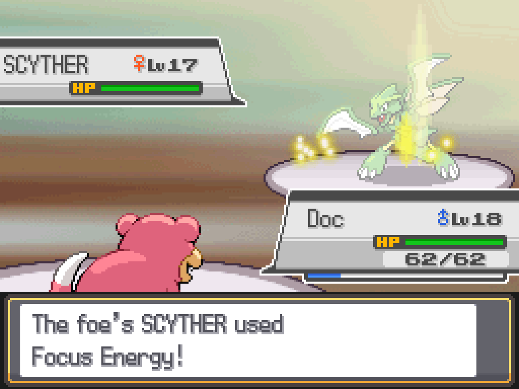 Doc, now level 18, faces a level 17 female Scyther.  Scyther uses Focus Energy.