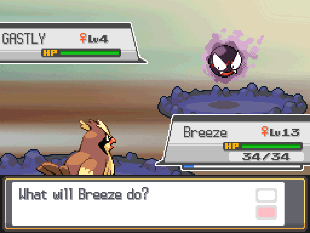 Breeze, a level 13 female Pidgey, faces a wild level 4 female Gastly.