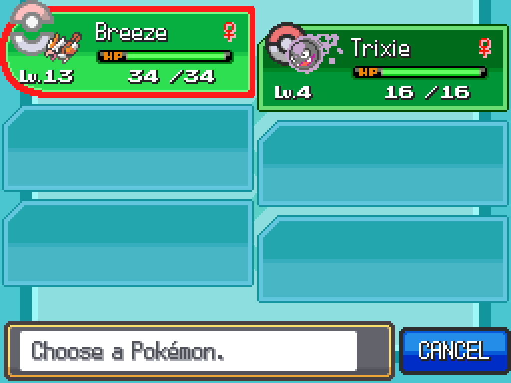 Party screen: Breeze, a level 13 female Pidgey, and Trixie, a level 4 female Gastly.
