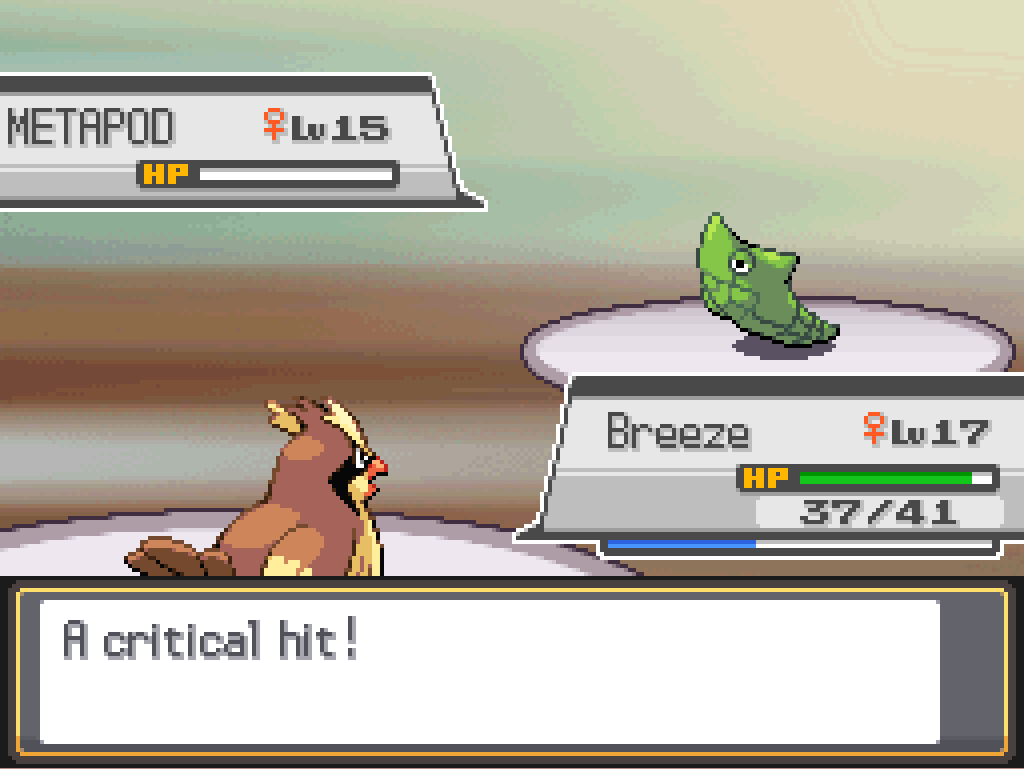 A critical hit!  Metapod is reduced to 0 HP.  Breeze is at 37/41.