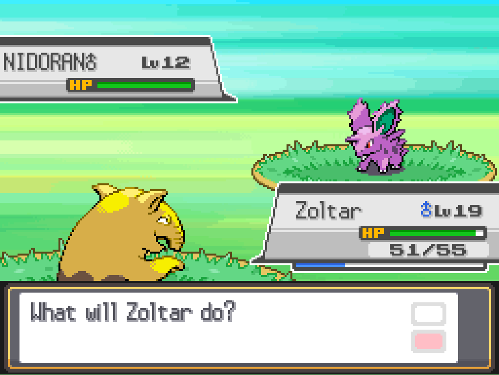 Battle screen: Zoltar, a level 19 male Drowzee, facing a level 12 male Nidoran.