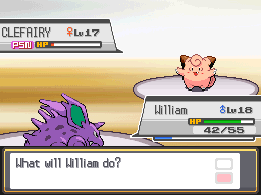 Clefairy is critically injured and poisoned; William still has 42/55 HP.