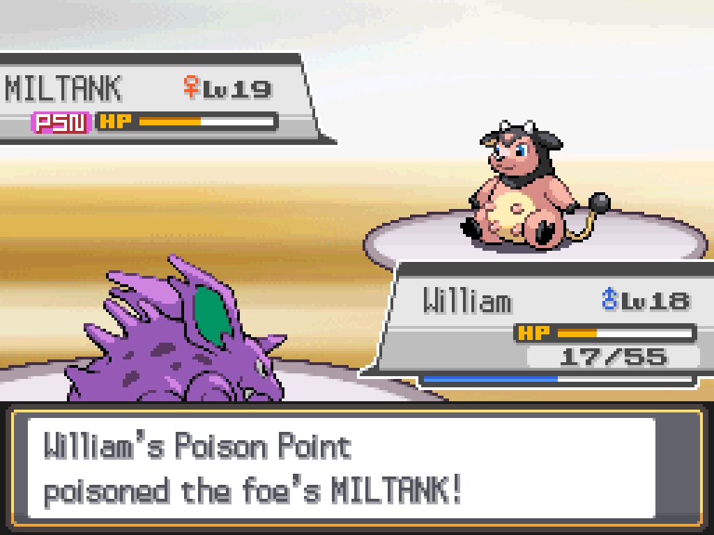 William's Poison Point poisoned the foe's Miltank! William is down to 17/55 HP.