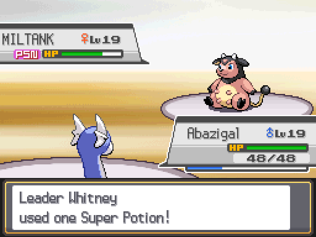Abazigal, a level 19 male Dratini, is now on my side of the field. Game text: Leader Whitney used one Super Potion!