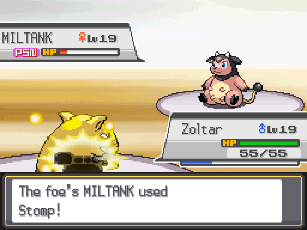 Zoltar, a level 19 male Drowzee, is now on my side of the field.
Game text: The foe's Miltank used Stomp!
