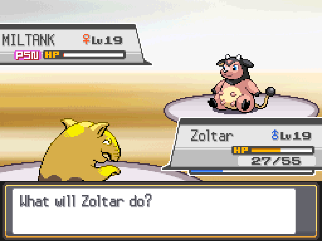 Zoltar has 27/55 HP; Miltank is reduced nearly to 0.