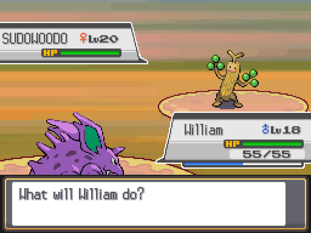William the Nidorino is facing a level 20 female Sudowoodo.