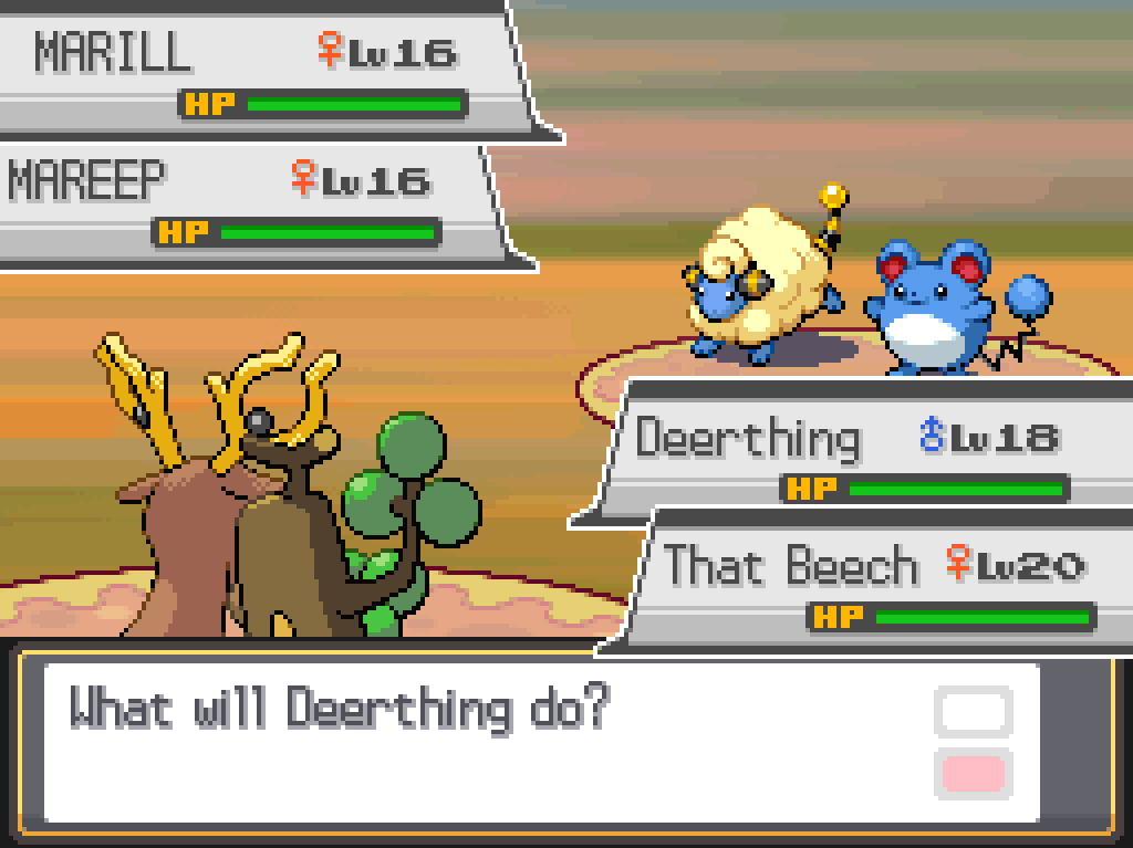 Deerthing the level 18 Stantler and That Beech the level 20 Sudowoodo face a Marill and Mareep, both level 16 and female.