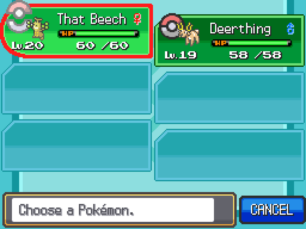 Party list: That Beech, level 20 female Sudowoodo; Deerthing, level 19 male Stantler