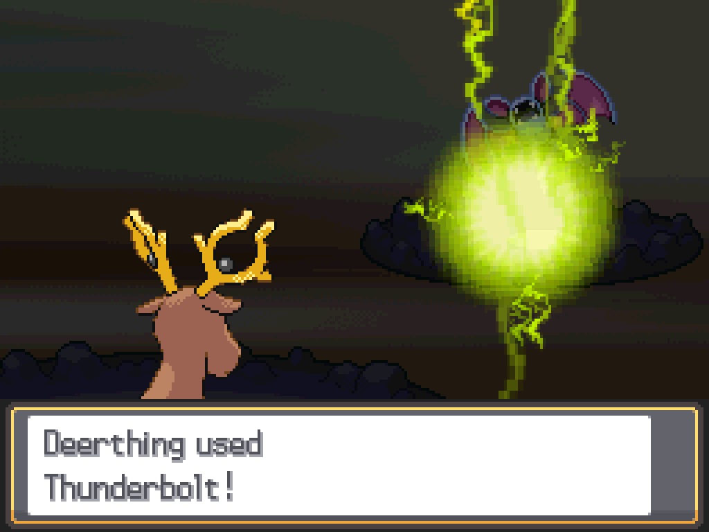 Deerthing faces a level 20 male Zubat. Game text: Deerthing used Thunderbolt!