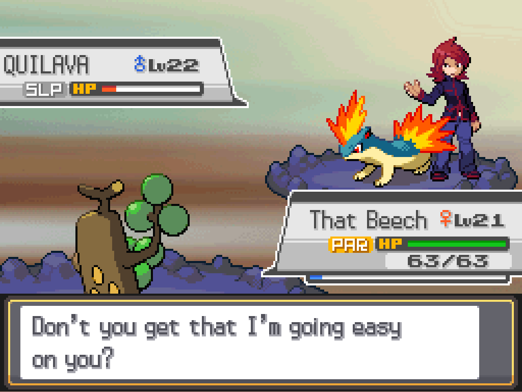 Quilava is critically injured and asleep; That Beech is still undamaged. Silvio interjects: Don't you get that I'm going easy on you?