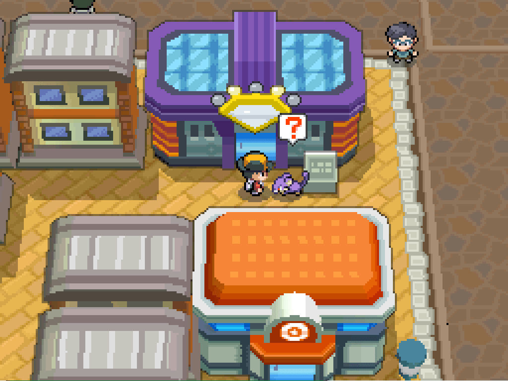 Outside the Game Corner in Goldenrod City. Mozzarella looks puzzled.