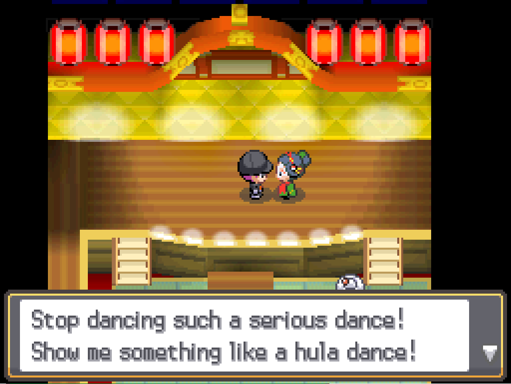 The stage inside the Ecruteak Dance Theatre. A Team Rocket Grunt says to a Kimono Girl: Stop dancing such a serious dance! Show me something like a hula dance!