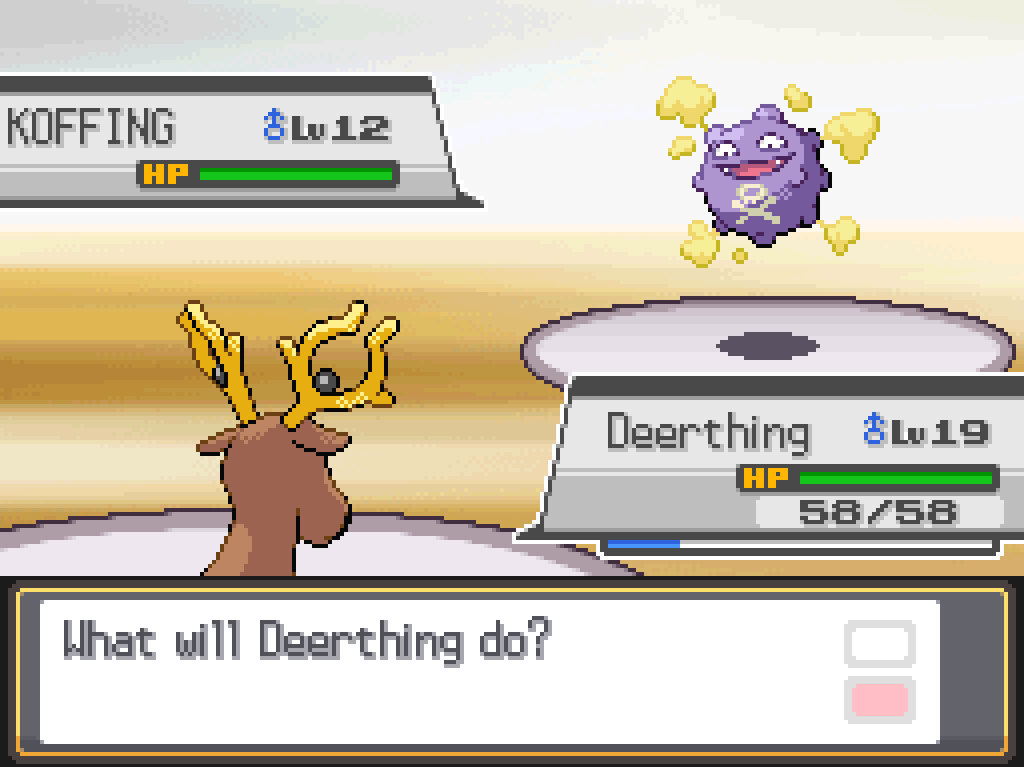 Deerthing, a level 19 male Stantler, faces a level 12 male Koffing.